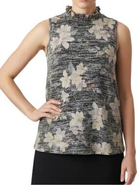 Cupio Blush Sleeveless Top Floral Ruffled Neckline Stretch Womens Size Large